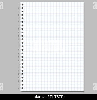 Portrait notebook page shows silver side coils, white blue grid surface, neat perimeter, soft shadow, grey backdrop. For printable stationery, education, office writing, notes, planning Stock Vector
