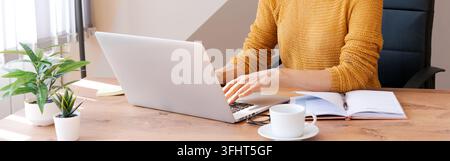 Cropped image professional business woman working in her office via laptop Stock Photo