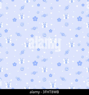 Cute pastel blue seamless pattern with adorable bees, striped candies, honey jars, flowers, hearts and white sparkling stars on a soft blue background Stock Vector