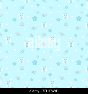 Cute light blue seamless pattern featuring adorable bees, striped candies, honey jars, flowers, white hearts and sparkling stars on a soft pastel blue Stock Vector