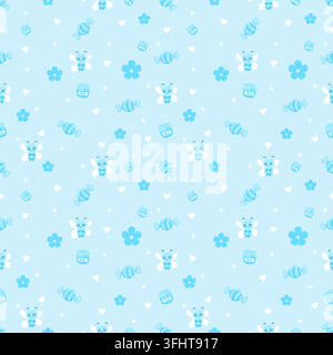 Cute blue seamless pattern with adorable bees, striped candies, honey jars, flowers, hearts and sparkling stars on a cheerful light blue background Stock Vector