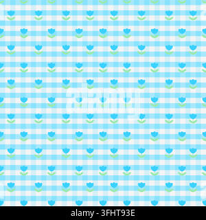 Cute seamless pattern with bright blue tulip flowers and green leaves on a blue gingham background. Cheerful floral design for fabric, wallpaper and w Stock Vector