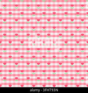 Cute seamless pattern with coral pink tulip flowers and green leaves on a vibrant pink gingham background. Sweet floral design for textile, wallpaper Stock Vector
