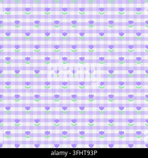Cute seamless pattern with purple tulip flowers and green leaves on a soft lavender gingham background. Sweet floral design for fabric, wallpaper and Stock Vector