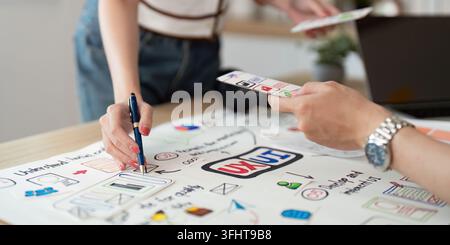 A close up of hands working on user experience designs, showcasing creativity and collaboration in a modern office environment. Stock Photo