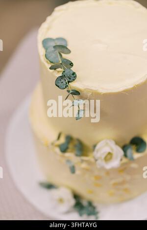 Elegant Two Tier Wedding Cake with Eucalyptus and White Flowers Stock Photo