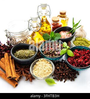 Various spices isolated on white background, top view Stock Photo