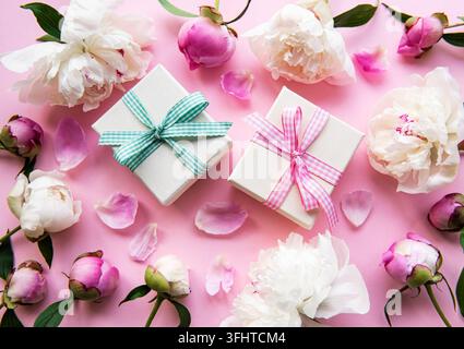 Peonies and gift boxes Stock Photo