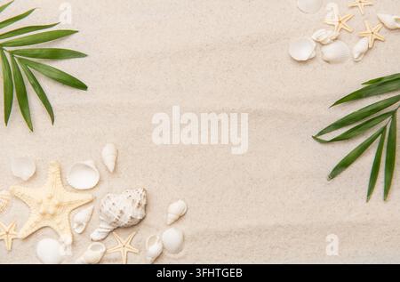 Tropical background featuring palm leaves, seashells, and starfish on sand Stock Photo