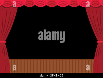 Empty stage with opened red curtains in flat style. Theater stage concept. stock illustration. Stock Vector