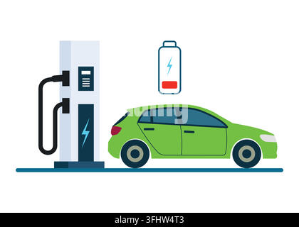 Flat vector illustration of a green electric car parked at a charging station needing a power boost, featuring a low battery icon above the vehicle. Stock Vector