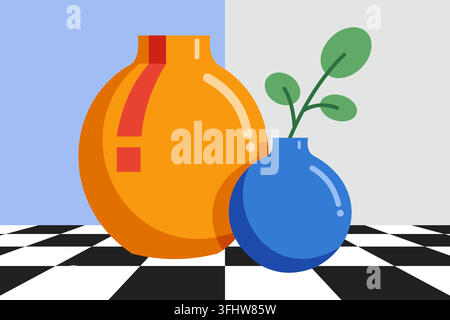 Modern artistic composition featuring two colorful ceramic vases placed on a black white floor Stock Vector