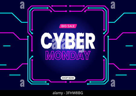 Cyber monday sale banner with neon glowing circuit board lines on dark blue background Stock Vector