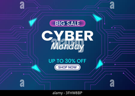 Cyber monday big sale banner with digital circuit board background and discount offer text Stock Vector