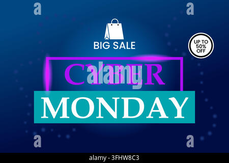 Cyber monday big sale promotional banner with neon text on a dark blue background Stock Vector