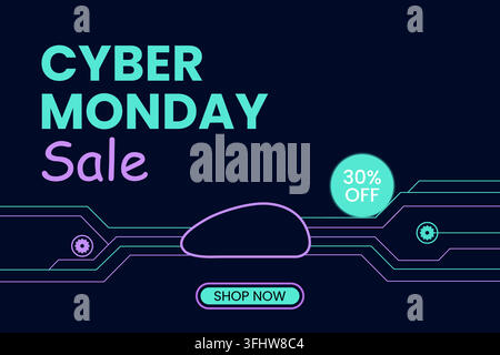 Cyber monday sale banner with digital circuit board design and neon blue text elements Stock Vector