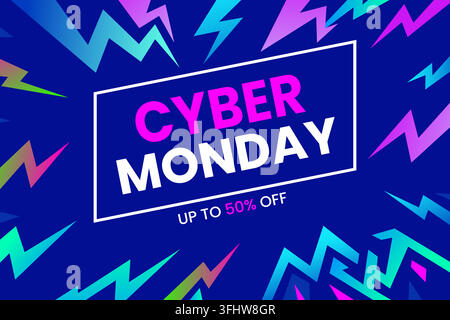 Cyber monday sale banner with vibrant neon lightning bolts on a dark blue background Stock Vector