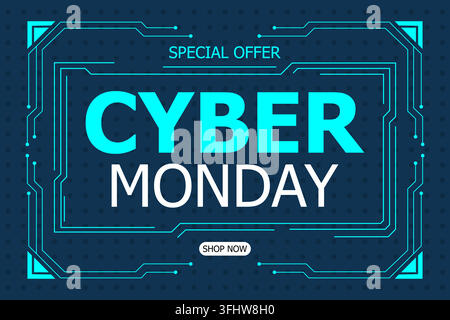 Cyber monday special offer banner with futuristic digital circuit board frame and glowing text Stock Vector