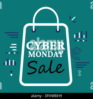 Cyber monday sale shopping bag icon with digital marketing elements on dark green background Stock Vector