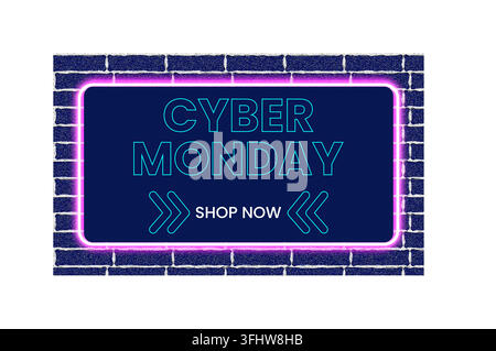 Cyber monday neon sign display on a dark blue brick wall background for shopping Stock Vector