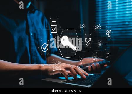 Encryption key passkeys. Secure passwordless authentication technology. digital access key, cloud verification, identity check, lock protection, devic Stock Photo