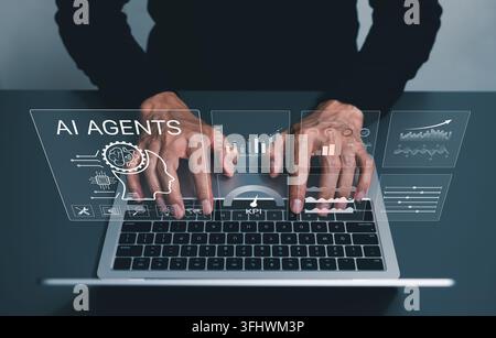 AI Agent Concept. Person interacts with AI agent technology, analytics charts, performance KPIs, symbolizing artificial intelligence in business innov Stock Photo