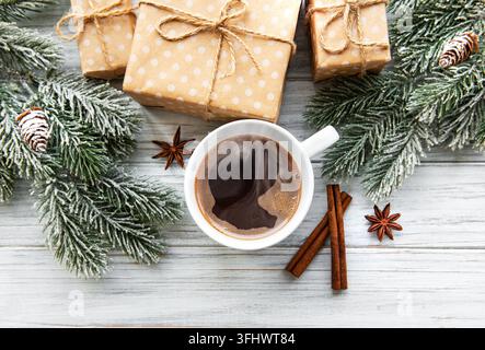 Christmas composition with coffee and gift boxes Stock Photo