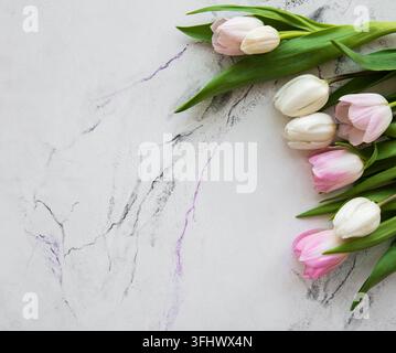 Pink spring tulips on a white marble background Stock Photo
