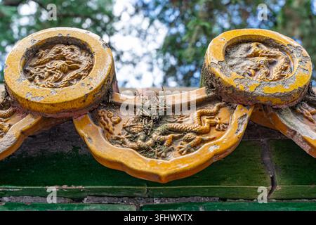 Close-up of yellow glazed dragon-patterned roof tiles and eave tiles of the Forbidden City palaces Stock Photo