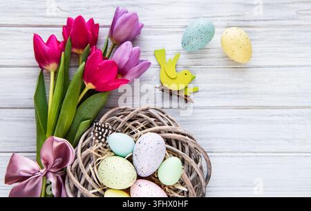 Easter eggs in nest Stock Photo