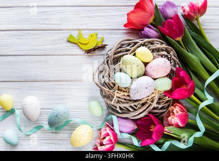Easter eggs in nest Stock Photo
