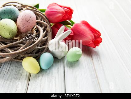 Easter eggs in nest Stock Photo