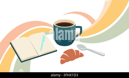 A cozy morning scene featuring a dark coffee mug an open notebook a croissant and a silver spoon Stock Vector