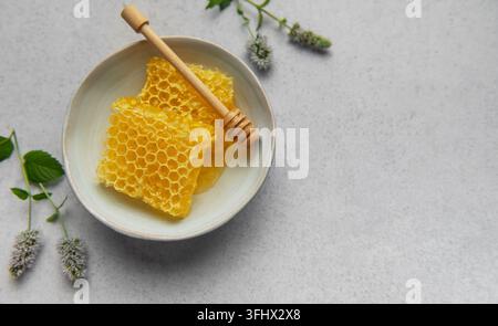 Honeycomb, honey dipper and fresh mint resting on a ceramic bowl Stock Photo