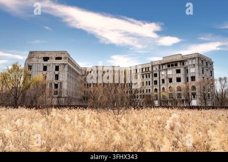 Abandoned unfinished concrete building in front of reed beds on a sunny day Stock Photo