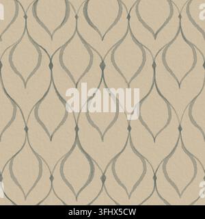 Hand-painted seamless watercolor pattern with soft blue-gray curved lines on a warm cream paper texture, designed as a subtle neutral background. Stock Photo