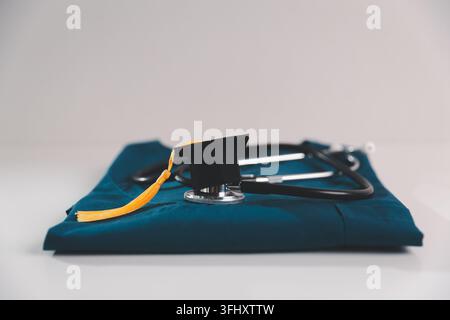 Graduation cap with stethoscope on medical scrubs, symbolizing medical and nursing graduation, healthcare education, professional achievement and heal Stock Photo