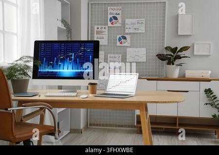 Data scientists workplace with computer and diagrams in office Stock Photo