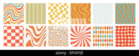 Retro wave patterns meet groovy checkerboard aesthetics in this psychedelic Y2K collection. Funky twirl designs with liquid textures for bold wallpaper and abstract art Doodle burst textures. Vector illustration Stock Vector