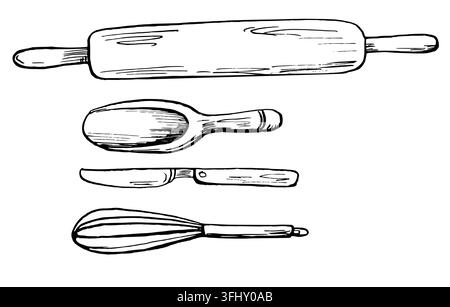 Vector illustration of kitchen tools: rolling pin, wooden spoon, knife, and whisk. Suitable for bakery, restaurant, culinary school, food blog, and Stock Vector