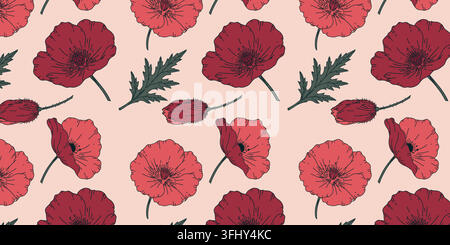 Seamless floral pattern with hand drawn red poppy flowers, closed buds, curved stems and dark green leaves arranged on a soft blush pink background Stock Vector