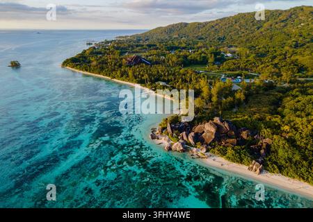 Stunning aerial view of Anse Source d'Argent beach in La Digue, Seychelles Stock Photo
