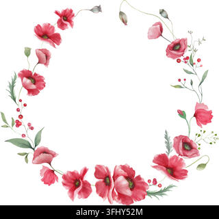 Watercolor Red Poppy Wreath Hand Drawn Floral Round Frame Wildflower Botanical Circle Clipart. Vector EPS. Stock Vector