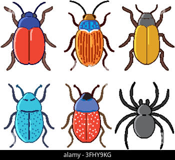 Six colorful cartoon vector illustrations of beetles and a spider isolated on white background. Stock Vector