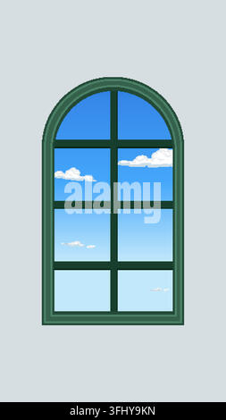 A minimalist vector illustration of an arched window looking out at a clear blue sky. Stock Vector