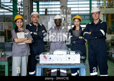 Diverse group of industrial engineers and factory workers standing together in a manufacturing plant wearing safety helmets and work uniforms Stock Photo