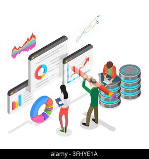 3D Isometric Flat  Illustration of Big Financial Data, Statistical Report Chart. Item 3 Stock Photo