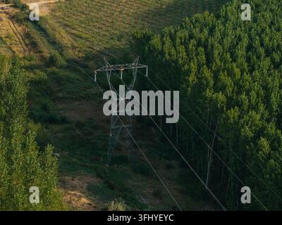 High angle view of a tall electricity transmission tower extending power lines across a green rural landscape and dense forest Stock Photo