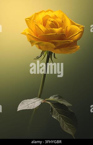 Bright yellow rose flower on long stem isolated on warm green gradient background Stock Photo
