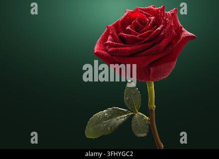 Red rose head with water drops on green leaves isolated on dark green gradient background Stock Photo